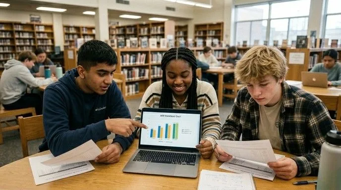Students calculating weighted GPA together at a library table