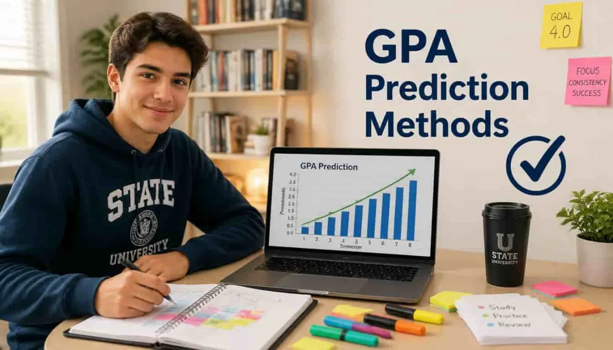 University student using study methods at organized desk to improve GPA prediction results