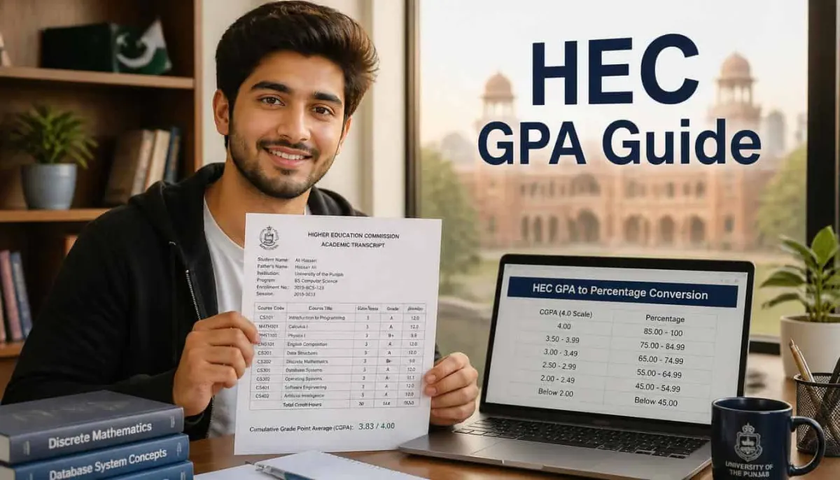 Pakistani university student holding HEC GPA transcript with percentage conversion chart on laptop