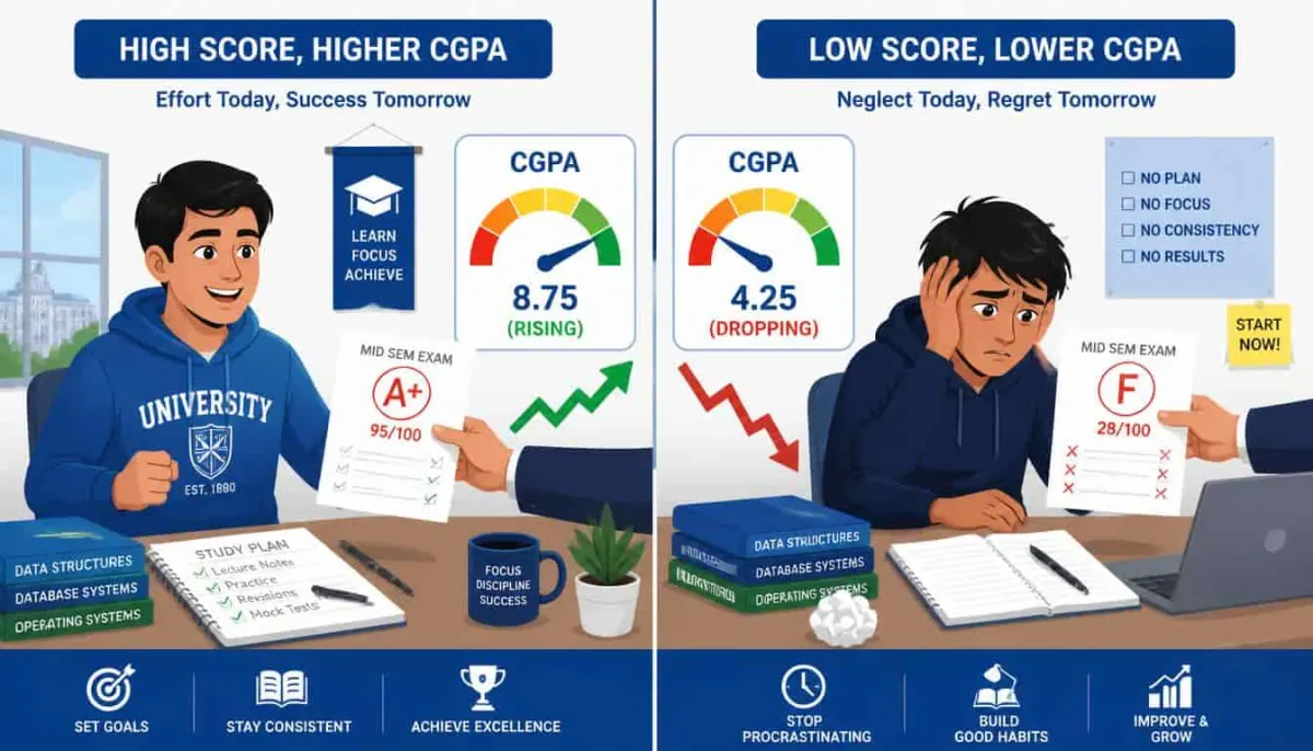 Infographic showing the effect of passing and failing grades on CGPA, with upward and downward arrows indicating score changes.