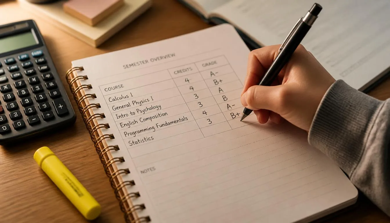 Student tracking semester grades in planner to monitor CGPA grading system progress