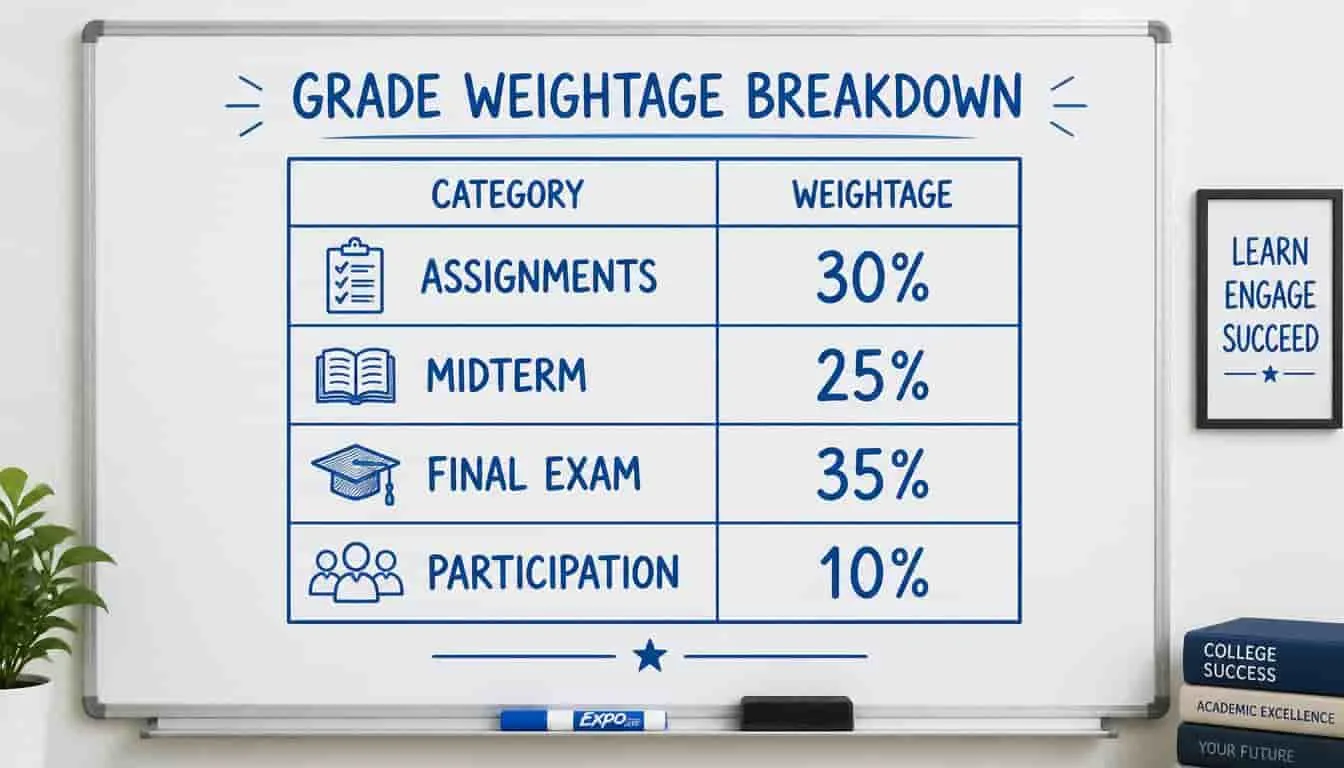Whiteboard showing weighted average breakdown of how final grades are calculated by category