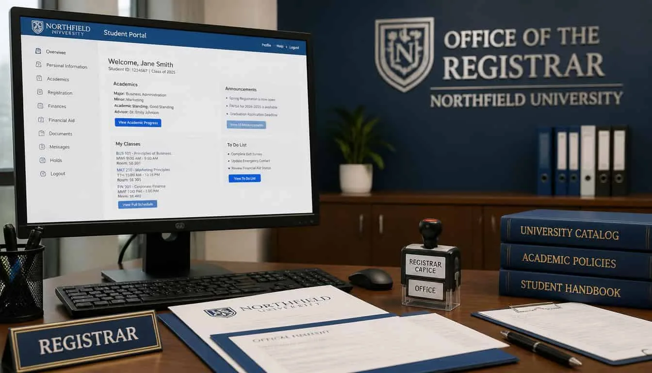 University registrar office desk with official academic stamp and student portal screen