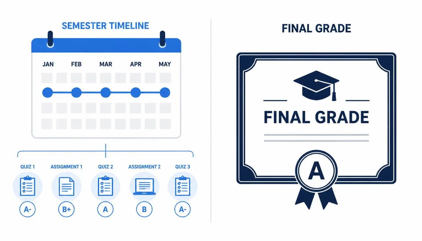 Split illustration comparing term grade components versus final grade certificate