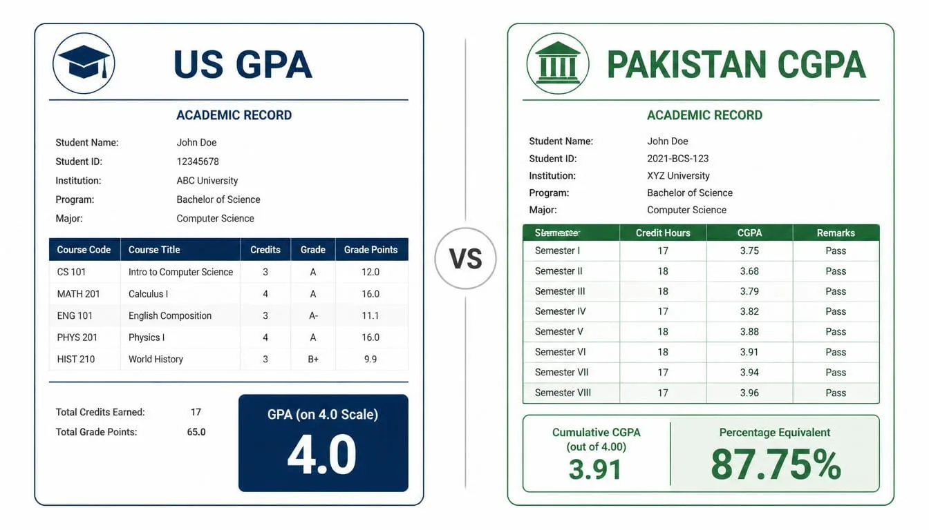 Side by side comparison of GPA in the American system versus Pakistani CGPA grading document