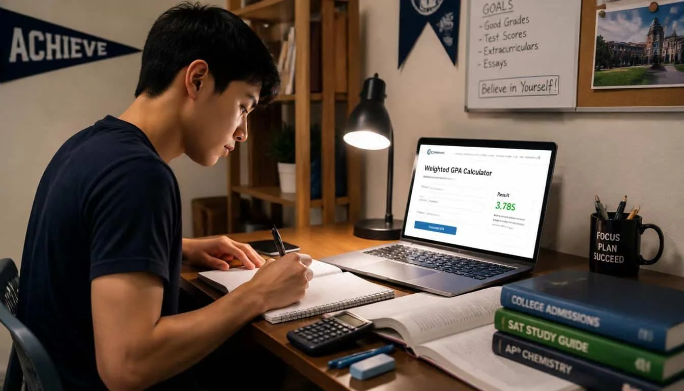 Focused student studying at a desk with notebooks, calculator, and laptop showing a weighted GPA calculator in a cozy academic setting with realistic lighting.