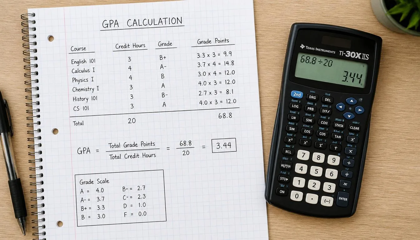 handwritten GPA calculation on graph paper with calculator