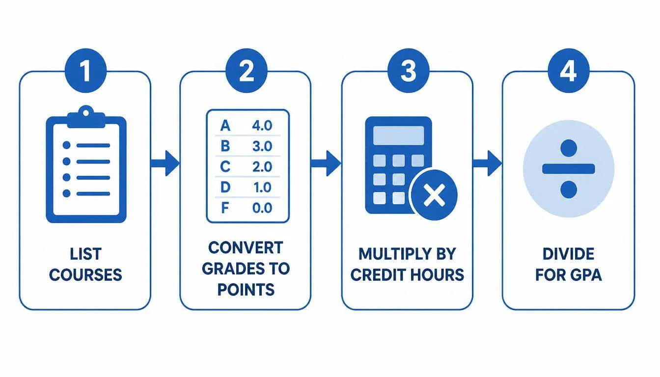 Four-step flowchart explaining how to calculate GPA from letter grades and credit hours