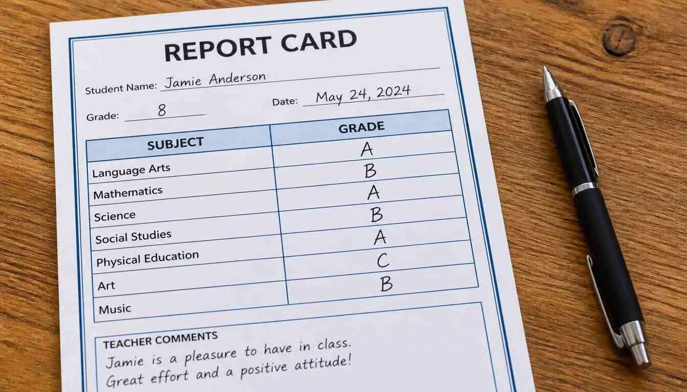 School report card showing letter grades A through F explanation